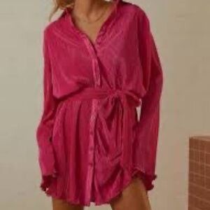 Hot Pink Pleated Long Sleeve Mini Dress